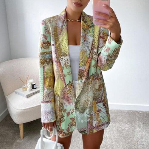 2021 Tops Womens Long Sleeve Suit Coat Fashion Vintage Print Party Casual Suites Elegant Office Lady Suit Jacket Tops Femenino