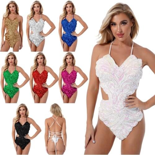 Women Sparkling Sequin Beaded Dress Bodysuit Nightclub Stage Dance Costume Spaghetti Strap Lace-Up Backless Clothes