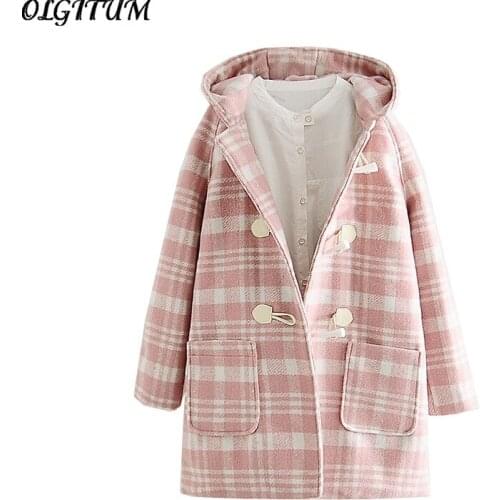 2018Autumn/winter New Woolen jacket Women cute pink lattice Wool coat long section thicken warm hooded loose Outwear With pocket