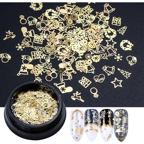 1 Bottle 3D Gold Metal Slices Nail Art Decoration Christmas Snowflake Star Mixed Design Hollow Tiny Slice Nail Accessories TR708