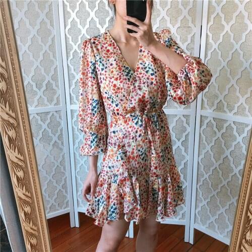 2020 Spring / Summer Closed Waist Wrap Ruffle Print Mini Dress with belt