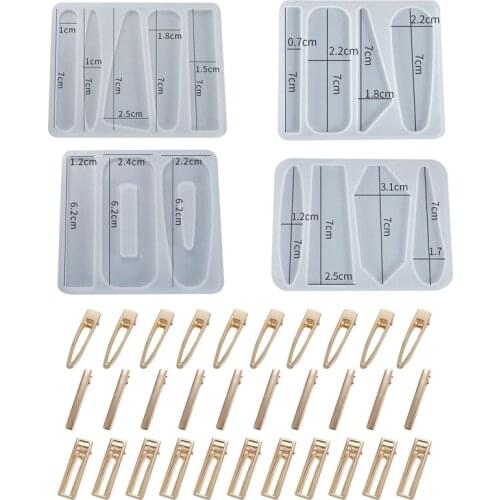 34PCS DIY Silicone Resin Molds for Hair Pin Clip Making, Including 4 Pack Hair Barrette Epoxy Resin Casting Molds, 30 PCS Gold H