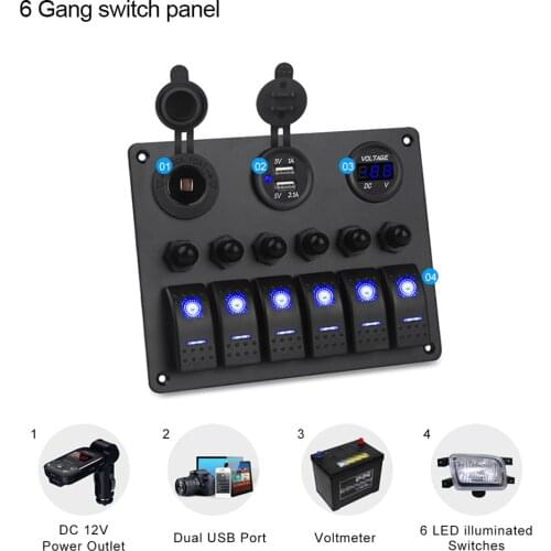 6 Gang Waterproof LED Rocker Switch Panel for Car Auto Boat SUV RV Circuit Breakers Voltmeter Car Switches Car Dual USB charger