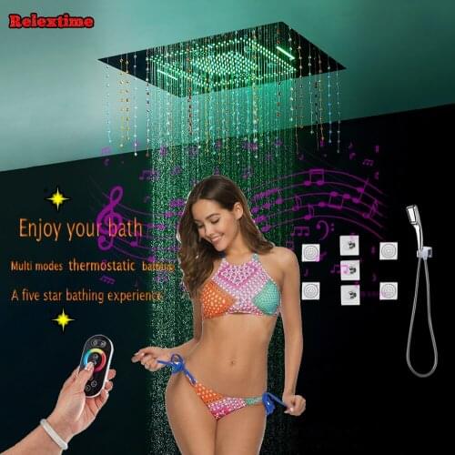 Crystal Pendant Bluetooth Music LED Ceiling Shower Head Large-flow Bathroom Concealed Thermostatic Shower Set Faucet massage Jet