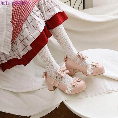 JETT DRAGON New Cute Sweet Bow Lace High-Heeled Shoes Women Lolita Waterproof Platform Wedding Party High-Heeled Shoes Big Size