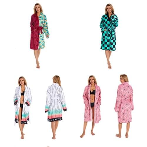 Anime Demon Slayer Kochou Shinobu Bathrobe Coral Fleece Bath Robe Sleepwear Costumes Gown