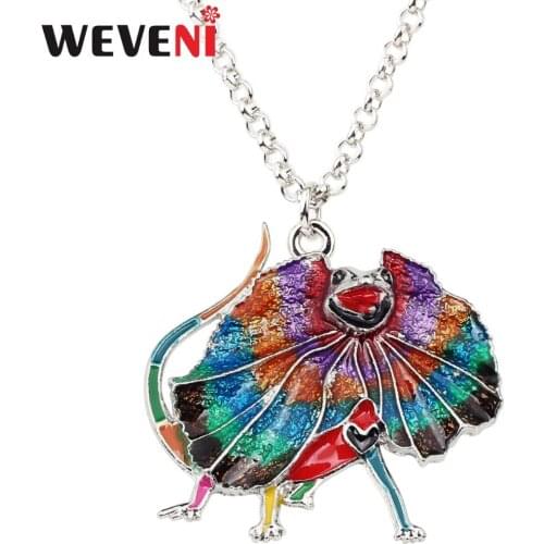 WEVENI Statement Enamel Alloy Frilled Lizard Necklace Chain Collar Pendant Novelty Animal Pet Jewelry For Women Girls Charms New