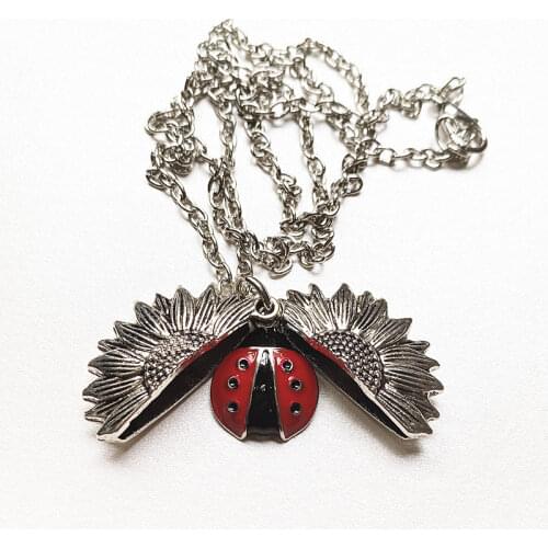 Open Small Box of Sunflower Sunflower Ladybug Necklace, Pendant Necklace, Ladybug Necklace