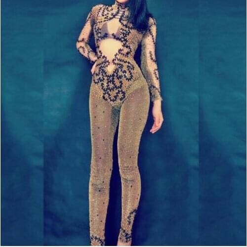 Fashion Sexy Gold Black Beads Jumpsuit Women Leggings Outfit Party Costumes Stage Wear Singer Rhinestones Skinny Rompers
