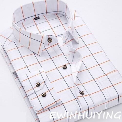 Mens Business Leisure Style Plaid Shirts Young People Slim Tops Simple Printed Long Sleeve Office Worker Work Shirt With Pocket