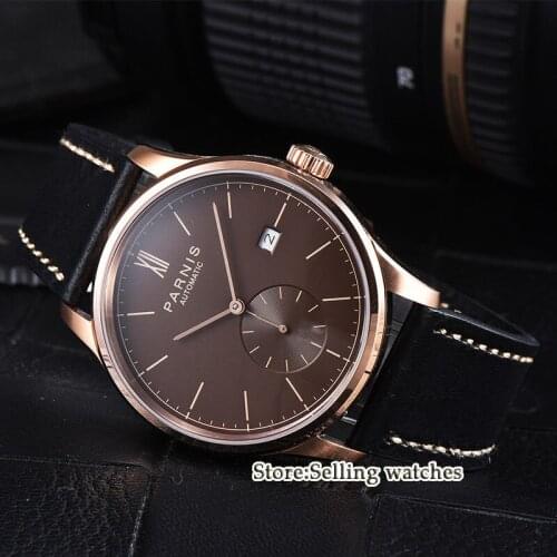 42mm parnis white dial rose golden case camel strap date ST 1731 automatic mens watch