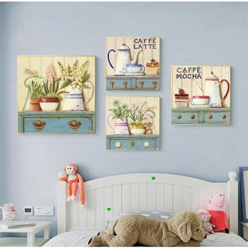 Flower Wall Art Canvas Painting for Kitchen Nordic Girls Room Decor Hand Drawn Decorative Picture Coffee Latte Watercolor