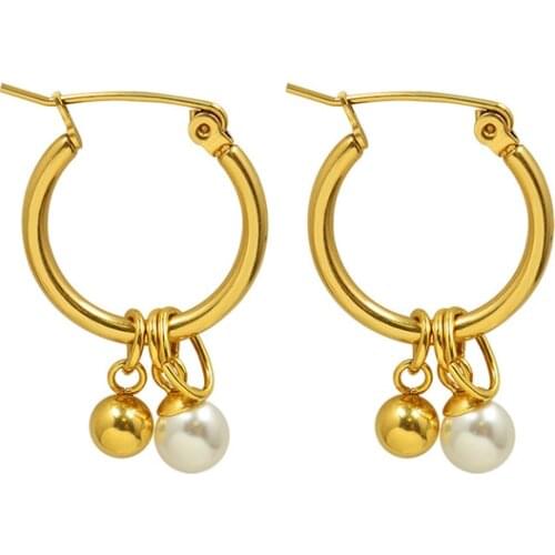 Delicate Round Imitation Pearl Charm Hoop Earrings For Women Stainless Steel Small Gold Ball Hoop Earrings Bijoux Femme