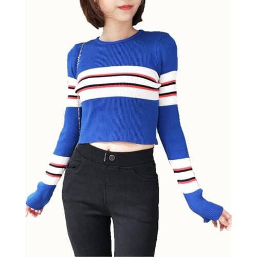 New Autumn Women Stripe Sweater O-Neck Cropped Sweater Pullover Girls Crop Tops For Female FL2561