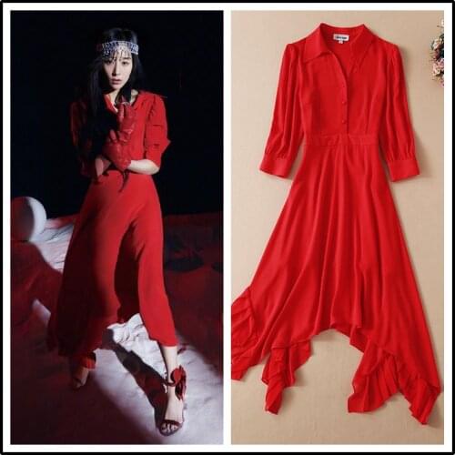 2021 spring and summer new star Zhang Junning, the same high-end womens red irregular Quarter Sleeve Shirt Dress