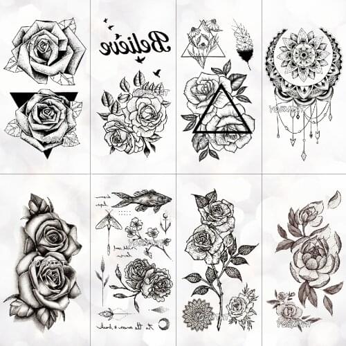 Waterproof Temporary Tattoo Sticker For Adult Peony Rose Flower Tatoo Male Line MinimalistGeometry Body Art Fake Tatto Female