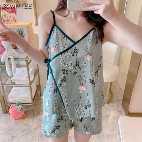 Pajama Sets Women Lovely Patchwork Sweet Girls Spaghetti Strap Floral V-neck Trendy Homewear Two Piece Lace Up Female Summer Ins