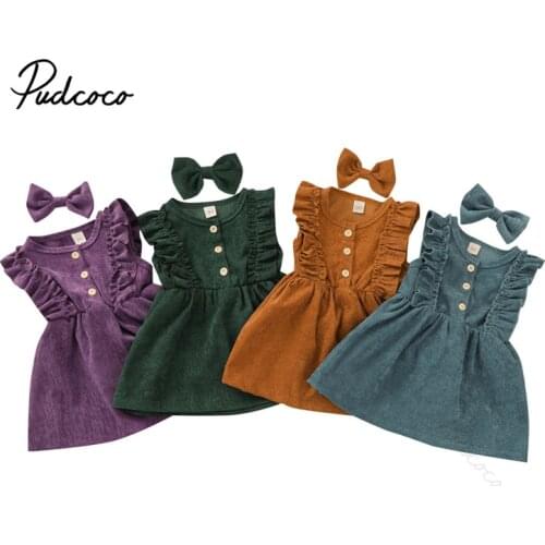 2021 Baby Summer Corduroy Dress Clothing Kids Baby Girls 2-piece Outfit Set Sleeveless Solid Color Dress+Bowknot Hairpin Set
