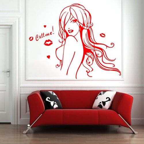 Sexy Girl Wall Decal Beauty Slaon Flaming Lips Pattern Vinyl Stickers Home Decor Call Me Words Woman Bedroom Art Murals Z788