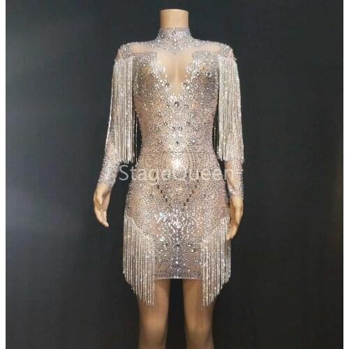 Sparkly Crystals Chains Mesh Perspective Dress Evening Party Dresses Evening Birthday Celebrate Dress DS DJ Singer Performance