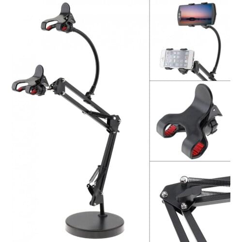 Extendable Double Cell Phone Holder with Suspension Boom Scissor Long Arm Mount Stand for Broadcast Studio Video Chatting