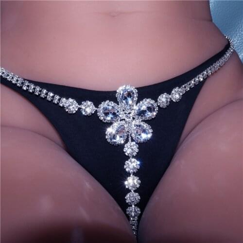 Sexy Underwear Flower Crystal Thong Panties for Women Silver Color Rhinestone Body Chain Underwear Jewelry Gift Xmas Jewelry