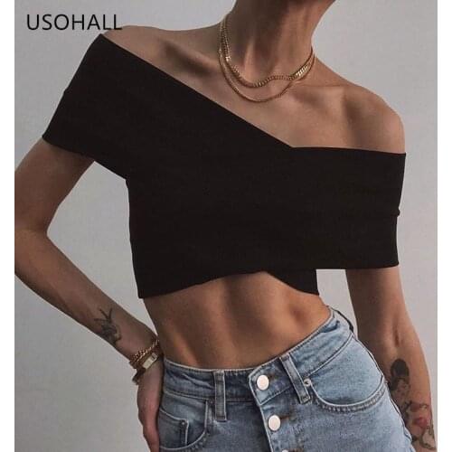 USOHALL 2021 New Sexy Crop Tops Women Slim Off Shoulder Cross Tank Top