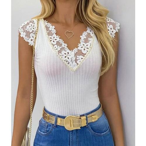 40# Vintage Lace Blouse Womens Summer Casual Sexy V-neck Lace Beaded Solid Color Skinny Pullover Slimming Blouse Блузка Женская