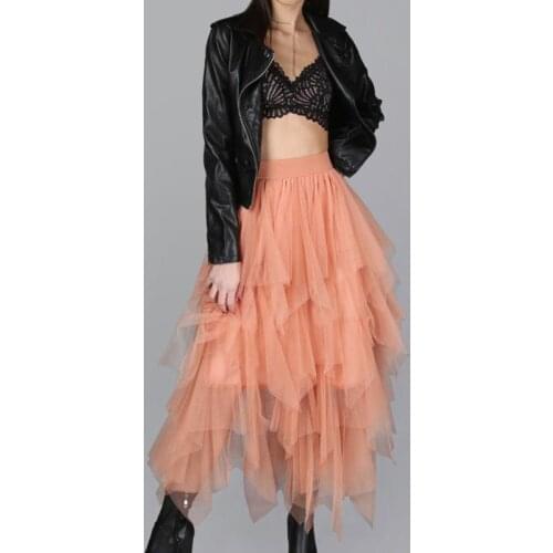 Faldas Muje Orange Ruffles Tulle Skirts Women Fashion Soft Tulle Skirt Asymmetrical Elastic Female Bottoms Saias Custom Made
