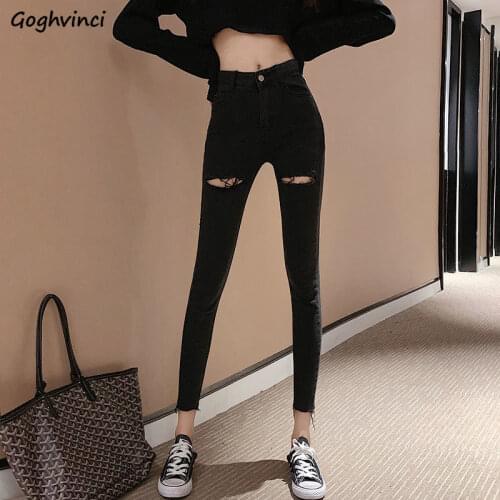 Women Denim Pencil Jeans Skinny Ankle Length Hole High Waist Trousers Simple Chic Ulzzang Students All-match Summer Casual Daily