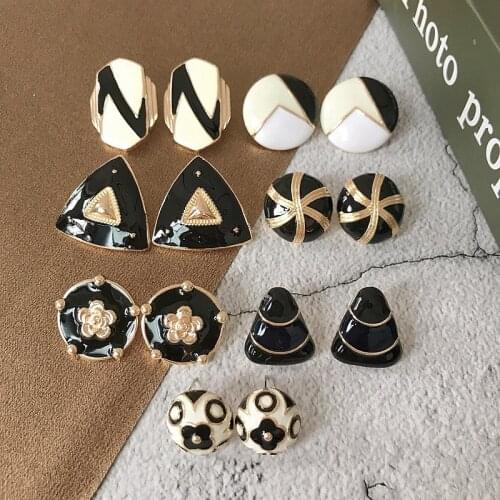 Black White Enamel Stud Earrings Geometric Splicing Drip Oil Brincos For Womens Accessories