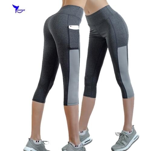 Women Ptachwork Mesh 3/4 Cropped Pants with Pocket Capris Running Leggings Sexy Gym Fitness Sports Mid-Calf Trousers Yoga Tights