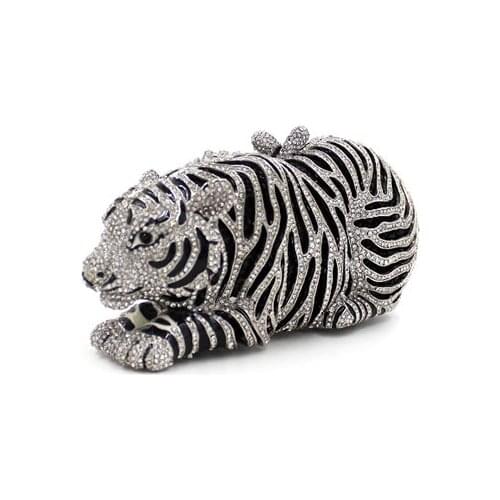 Crystal Metal Clutches Hard Case Bridal Evening tiger Clutch Bag Make Up Box silver Wedding Diamonds Rhinestones Handbag gold