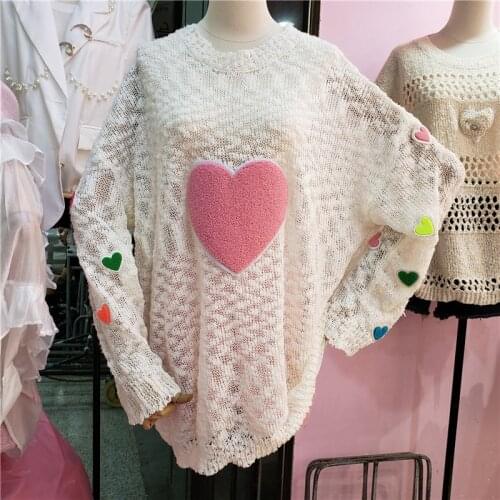 Loving Heart Color Matching Hollow Out Thin Sweater for Women Early Autumn Korean Fashion Loose Lazy Style Pullovers Pull Femme