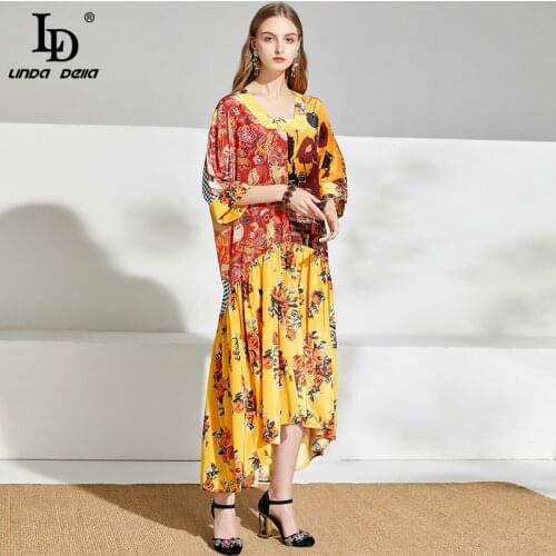 LD LINDA DELLA Summer Fashion Runway Plus size Dress Women Animal Floral Print Ethnic Vintage Asymmetrical Loose Dress vestido