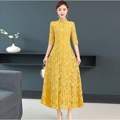 Women AoDai Lace Cheongsam Qipao Chinese Dress Long QiPao 2020 Autumn Half Sleeve Vintage Elegant Dress Qipao Plus Size 4XL