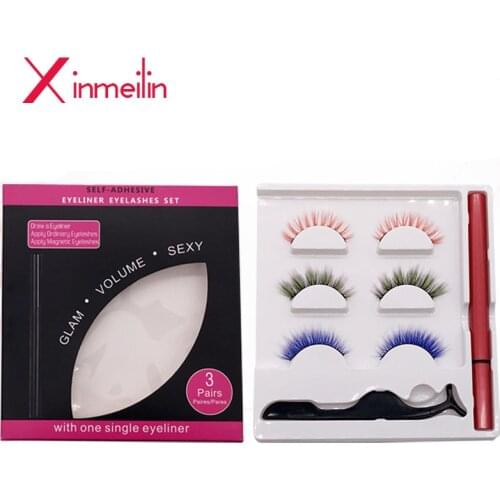 3 Pairs Colored No Magnetic False Eyelashes Waterproof Self-adhesive Eyeliner Tweezer Set Lashes Extension Colorful Fake Eyelash