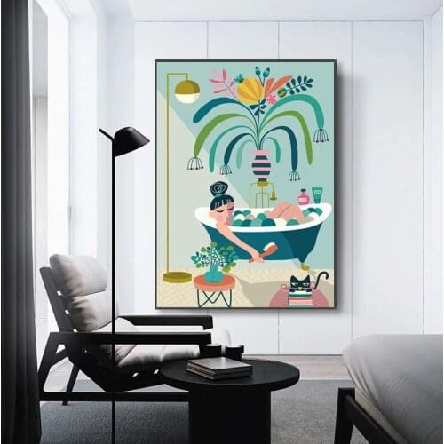 Abstract Tropical Plants Cat Girl Canvas Painting Wall Art Nordic Posters and Prints Wall Pictures for Living Room Decoration