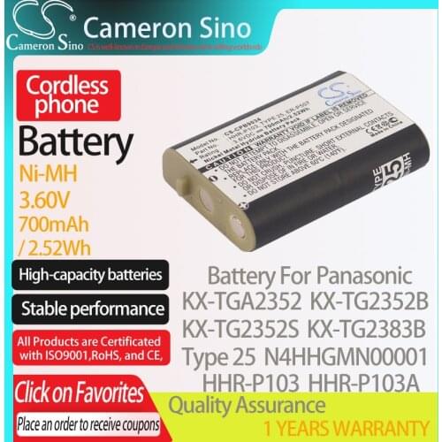 CameronSino Battery for Panasonic KX-TGA2352 KX-TG2352B Type 25 N4HHGMN00001 fits Radio Shack HHR-P103A Cordless phone Battery