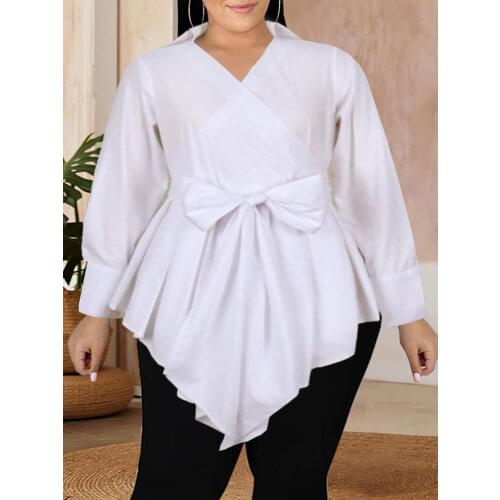 V Neck Plus Size Tops Women Long Sleeve with Waist Belt Office Ladies Classy Cotton Shirts Blouse Autumn Fashion Dropshipping