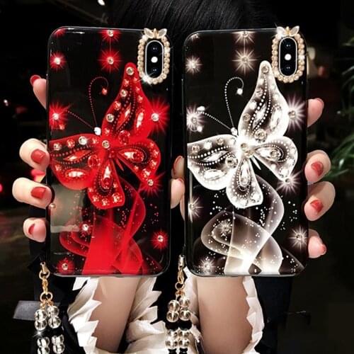 Fashion Bling Rhinestone Diamond Beautiful Butterfly Case Cover With Crystal Neck Chain For Iphone XS Max XR X 8 7 6 6S Plus