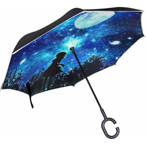 Girl Looking at the Stars Windproof Reverse Umbrella Double Layer Inverted Upside Dow Umbrella Self Stand C-Hook Hands for Car