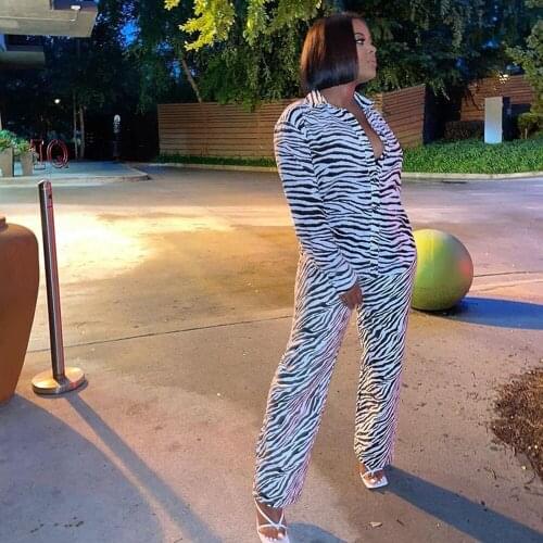 Elegant Zebra Pattern Print Two Piece Set Women Turn-down Collar Long Sleeve Shirt Top + Pants Suit Slim Tracksuit Women Outfits