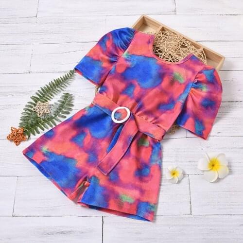 FOCUSNORM Fashion Toddler Kids Girls Jumpsuits 1-6Y Summer Tie-Dye Printed Short Puff Sleeve Belt Playsuits