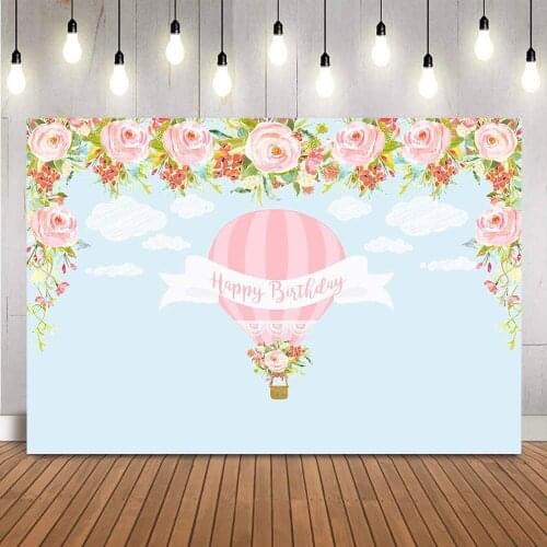 Newborn Kids Birthday Backdrop Hot Air Balloons Floral Photo Background Art Portrait Blue sky and White Cloud Decoration Props