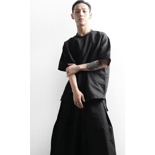 Summer casual mens T-shirt versatile loose round neck linen short sleeve T-shirt cool summer big size top