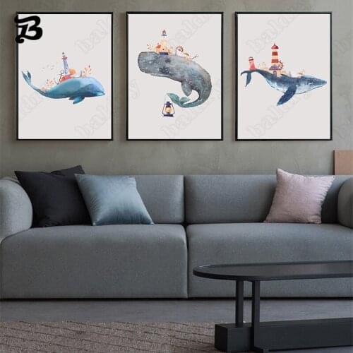 Sea Creatures Canvas Painting Cartoon Wall Art Nordic Dolphin Whale Shark Posters and Prints Wall Pictures for Childrens Room
