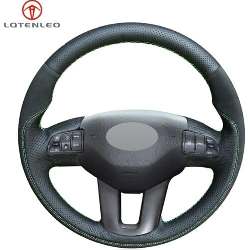 LQTENLEO Black Genuine Leather Black Suede DIY Car Steering Wheel Cover For Kia Sportage 3 2010-2017 Kia Ceed Cee'd 2009-2012