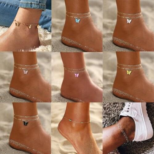 Fashion Multi Layered Acrylic Butterfly Anklet Gold Color Chain Beach Ankle Bracelet for Women Foot Leg Bracelet Beach Jewelry