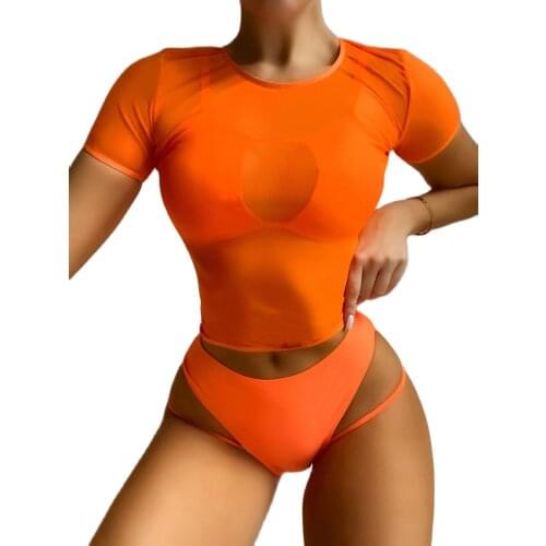 2021 New Orange Three Piece Bikini Set Short Sleeve Bikini Cover Up Swimwear Women Solid Bathing Suit Beachwear